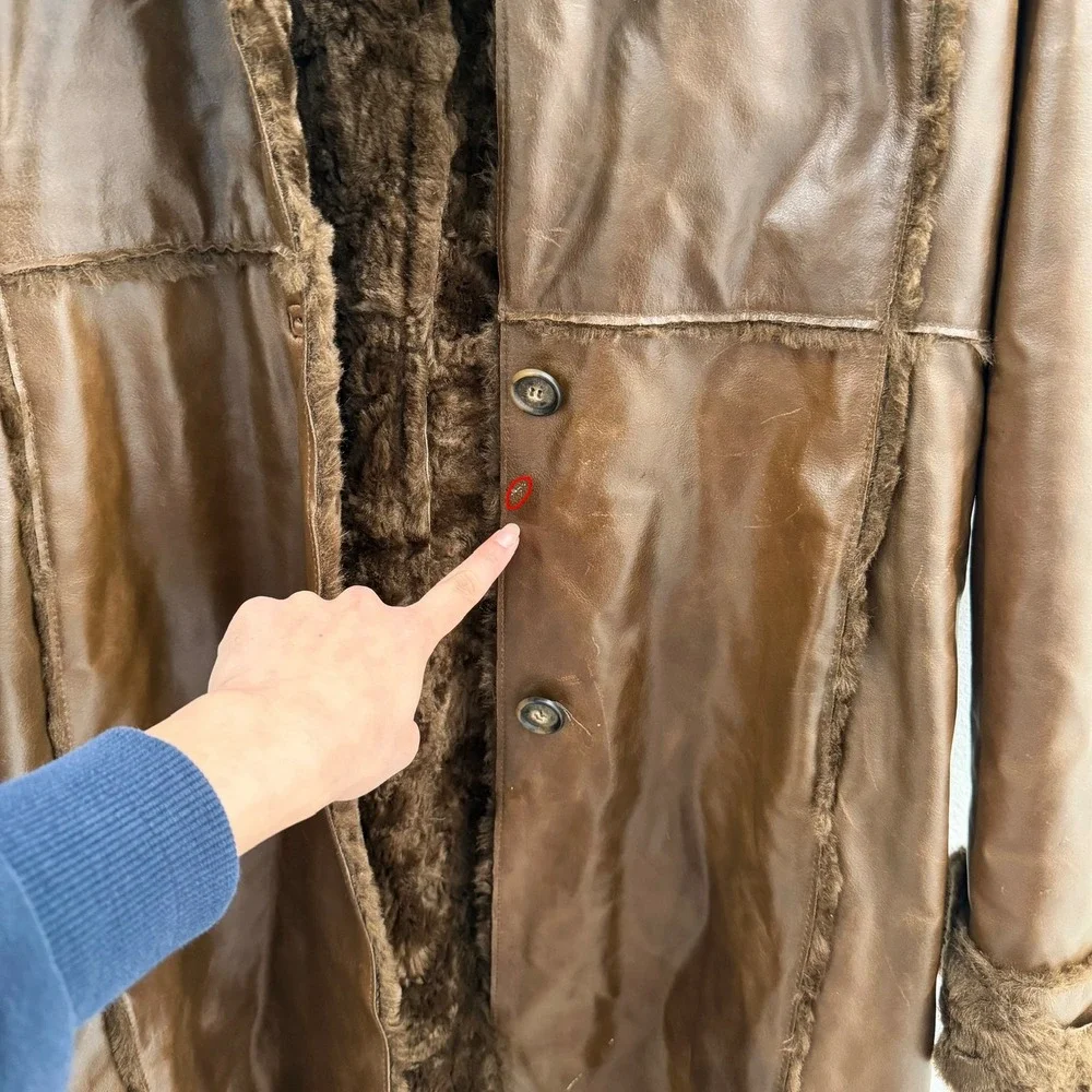 Vintage Y2K Penny Lane 70s Retro 100% Leather Faux Fur Kenneth Cole Brown Coat M - Picture 11 of 13